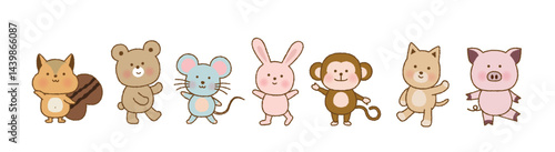 笑顔で並ぶかわいい動物たち｜リス・クマ・ネズミ・ウサギ・サル・ネコ・ブタ｜ポーズ付きベクター素材