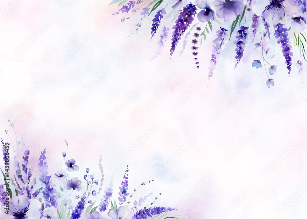 Obraz premium Frame made of watercolor lavender flowers. Purple wildflowers wedding isolated illustration