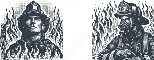 Set of Engraving Designs Featuring a Brave Firefighter Staring Through Flames – Engraving, , and Woodworking Projects firefighter,etching,  flames,illustration, engraving, monochrome,  fire, hero, 