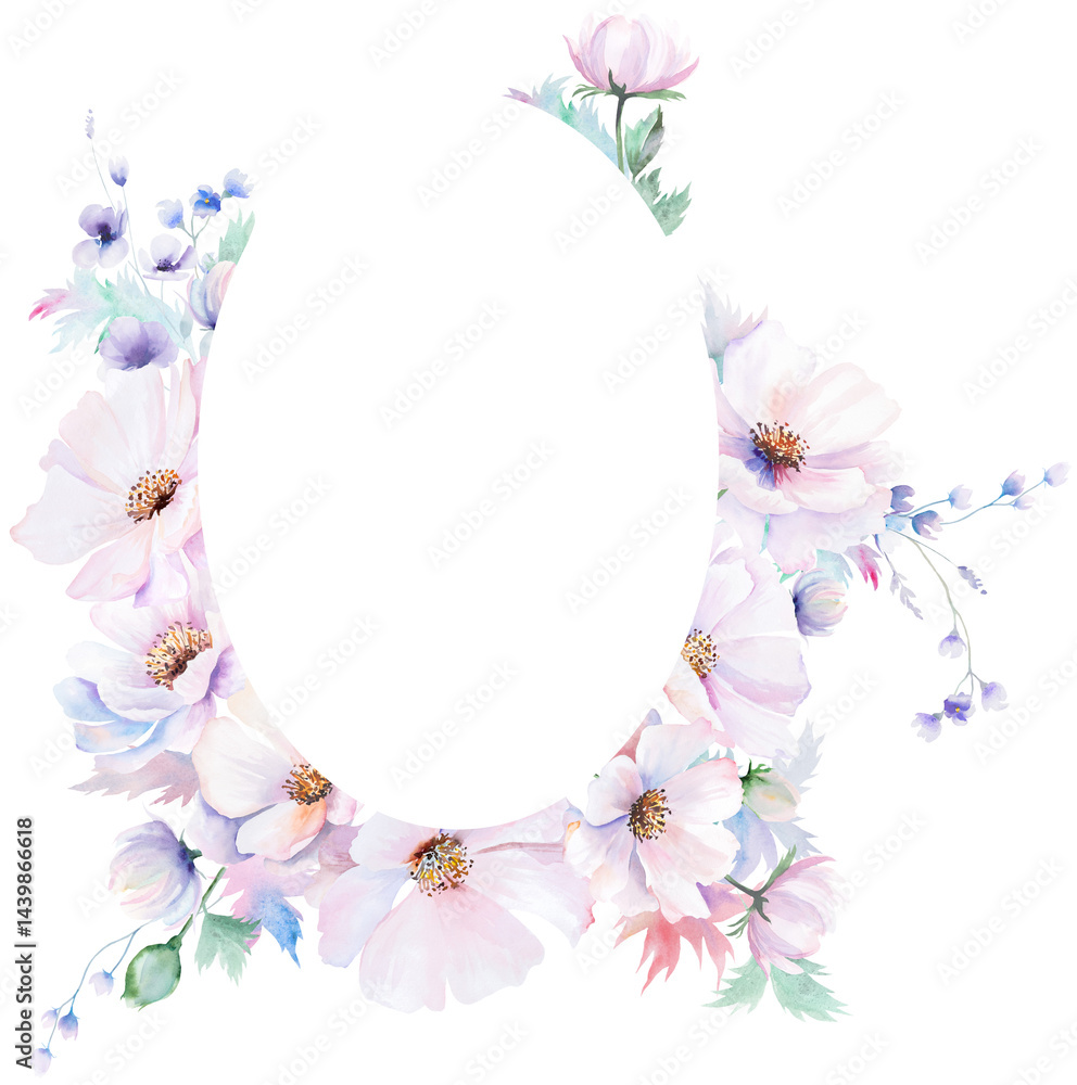 Frame made with watercolor pink peony flowers and leaves, pastel wedding isolated illustration