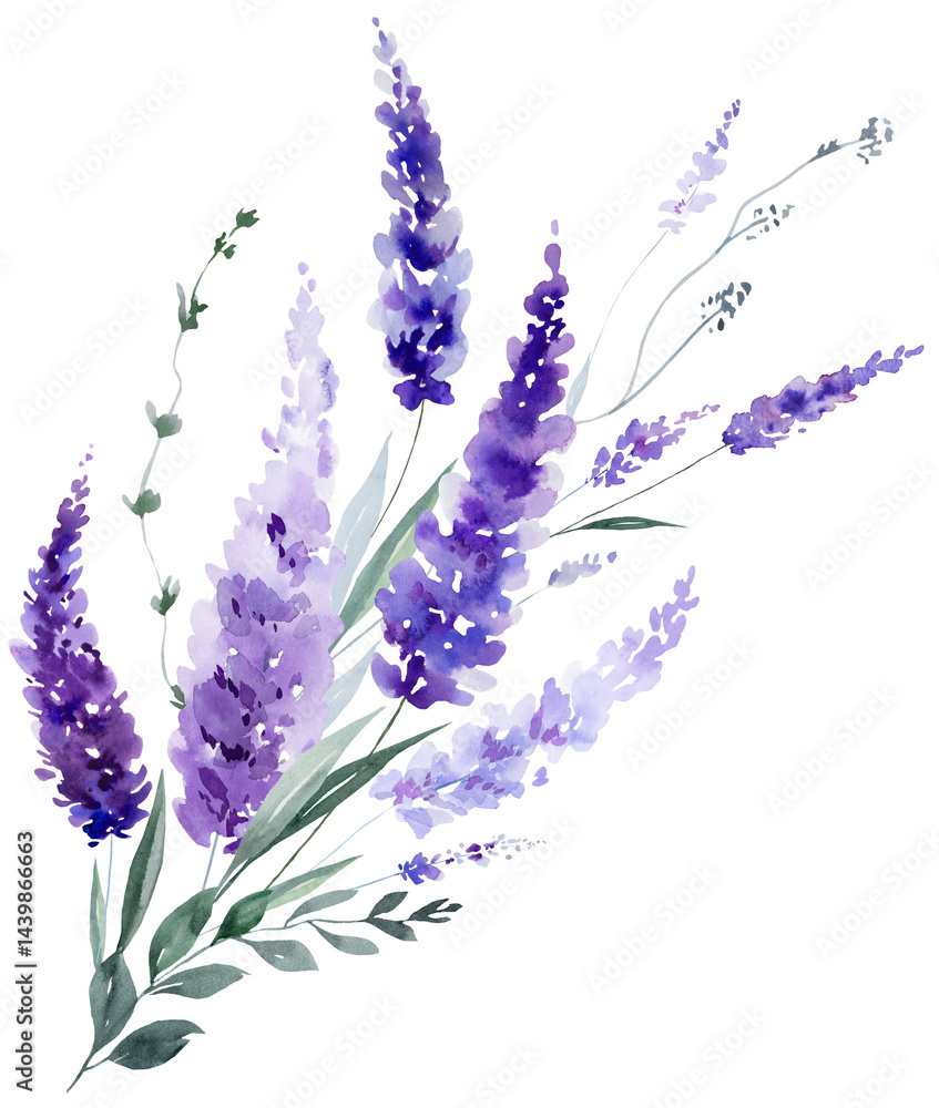 Bouquet made of watercolor lavender flowers. Purple wildflowers wedding isolated illustration