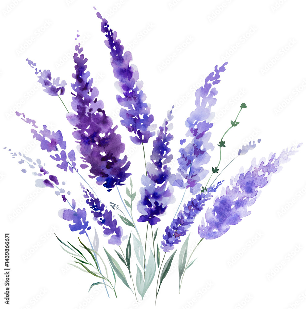Bouquet made of watercolor lavender flowers. Purple wildflowers wedding isolated illustration