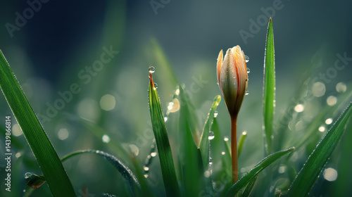Tulip bud surrounded by dew-covered grass in a serene garden setting during early morning light