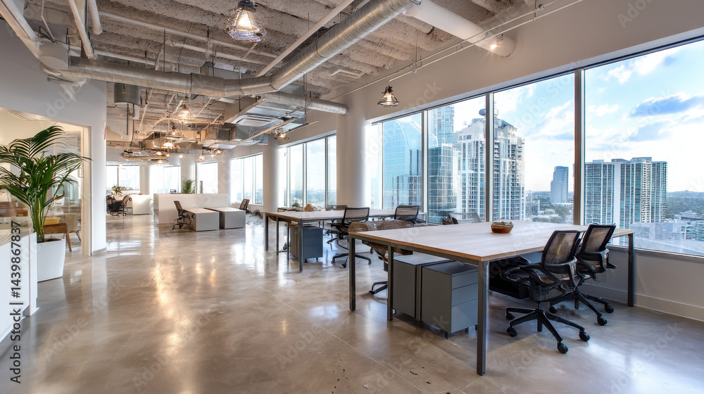 Modern office interior with large windows offering city skyline views and collaborative workspaces in a bright atmosphere Modern office interior with large windows offering city skyline views and collaborative workspaces in a bright atmosphere
