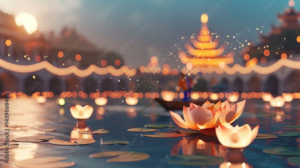 Loi Krathong festival Serene lotus flowers floating on tranquil water with picturesque lantern lights and soft bokeh background during sunset in a peaceful setting Loi Krathong festival Serene lotus flowers floating on tranquil water with picturesque lantern lights and soft bokeh background during sunset in a peaceful setting