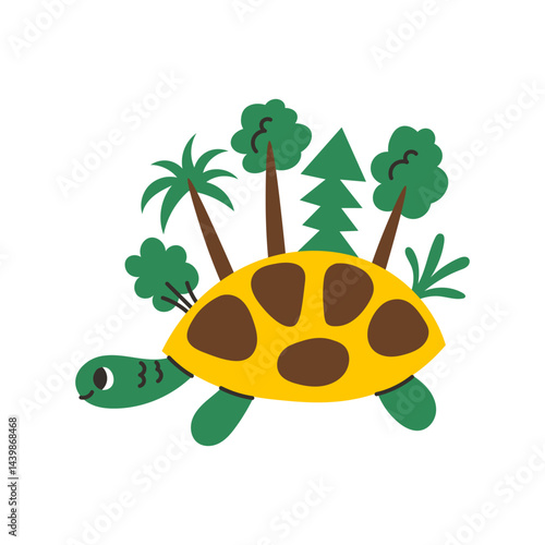Turtle with Trees and Plants on Shell. Cartoon Tortoise Animal with Growing Environment Forest. Ecology Ecosystem symbol. Flat vector illustration
