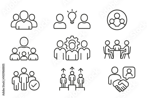Collection of web icons depicting teamwork, collaboration, and discussion in a clean line style for digital design projects