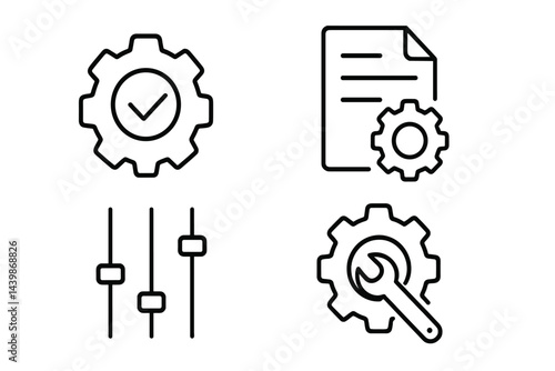 A collection of web icons features settings represented by gears, a document with a check mark, and sliders for adjustments