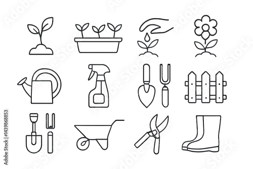 Web icons showcasing gardening tools and elements in line style for planting and outdoor activities
