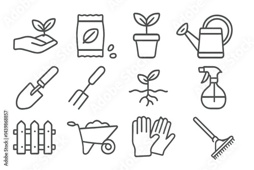 Set of web icons in line style depicting gardening tools and plant care essentials for landscaping and home gardening tasks