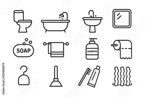 Collection of line style web icons representing bathroom essentials and hygiene items for design projects