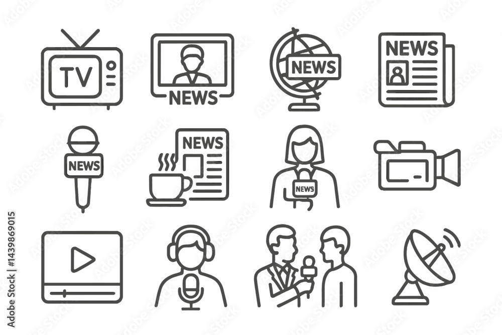 Set of web icons representing media and news in a sleek line style for digital applications and websites design Set of web icons representing media and news in a sleek line style for digital applications and websites design