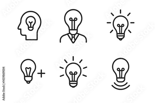 Line style web icons depicting light bulbs, brain, and character representing creativity and innovation