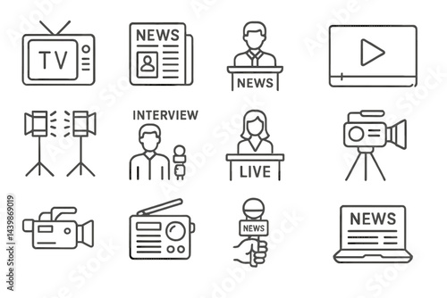 Collection of web icons featuring news-related symbols in line style for digital applications