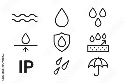 Set of web icons in line style featuring water symbols, protection, and drainage indicators for various applications