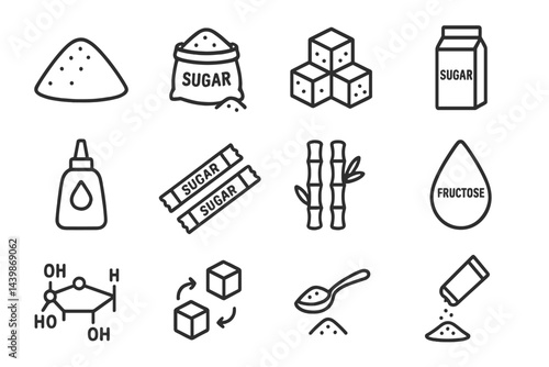 Collection of web icons depicting various forms of sugar and sweeteners in line style for digital design projects