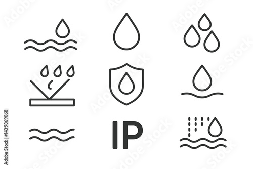 Web icons designed in line style featuring water droplets, waves, and waterproof protection symbols for digital applications