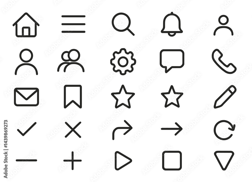 Set of web icons featuring line style designs for user interface elements and navigation tools in digital applications