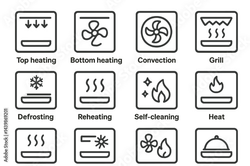 Set of web icons representing various heating and cooking functions in line style for easy recognition and utilization by users