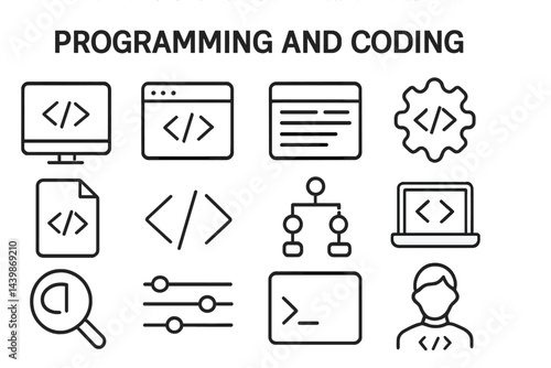 Collection of web icons showcasing programming and coding concepts in a line style for digital design purposes
