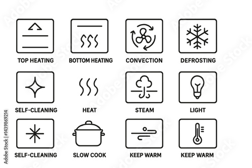 Web icons representing various cooking functions in minimalist line style for easy understanding and usability