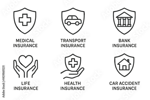 Collection of web icons representing various types of insurance in a clean line style design