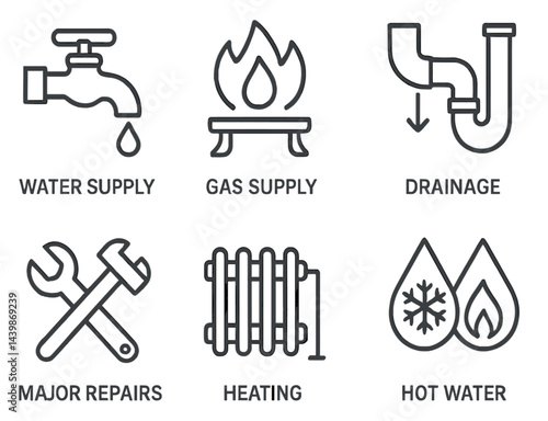 Comprehensive set of line style web icons illustrating essential utilities like water supply, gas supply, and drainage services