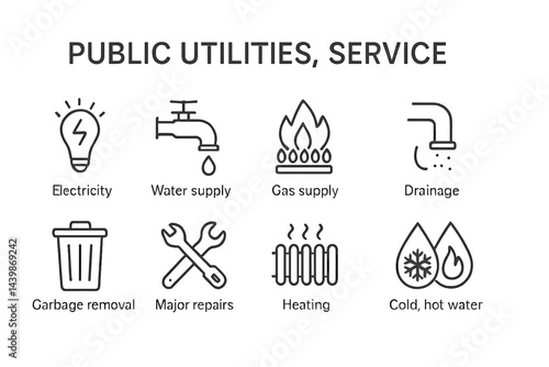 Collection of web icons representing various public utilities and services in line style