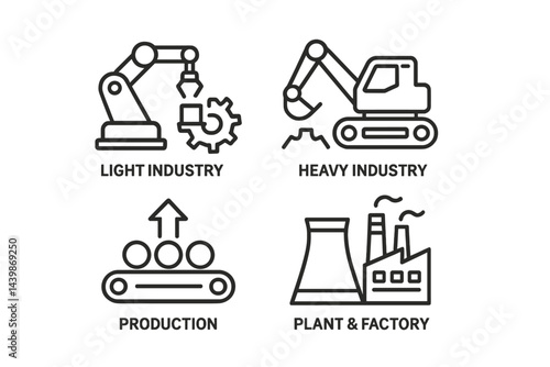 Set of web icons representing light and heavy industry, production, plant, and factory activities in line style