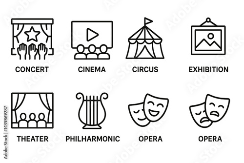 Set of line style web icons representing entertainment venues and activities such as concert, cinema, and theater for online use
