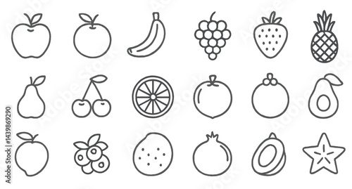 Set of simple line style web icons featuring various fruits for user interface design