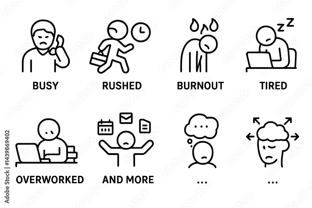 Collection of line style web icons depicting busy, rushed, and overworked emotions in modern life scenarios Collection of line style web icons depicting busy, rushed, and overworked emotions in modern life scenarios