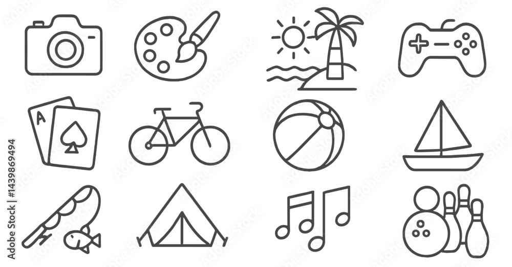 Set of web icons in line style representing various leisure activities and interests Set of web icons in line style representing various leisure activities and interests