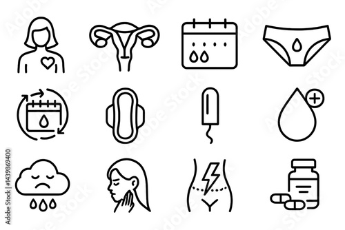 Collection of minimalist line style web icons depicting women's health and menstrual cycle essentials