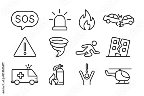 Set of line style web icons depicting emergency scenarios and alerts for effective communication in crisis situations