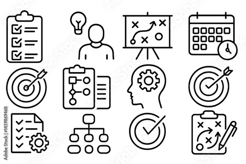 Set of line style web icons illustrating planning and productivity concepts for effective management and organization