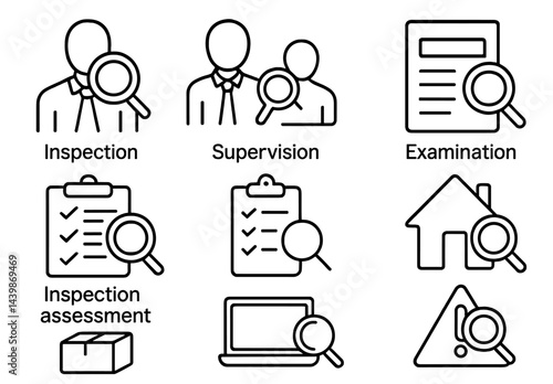 Set of web icons representing inspection, supervision, examination, and assessment in a minimalist line style