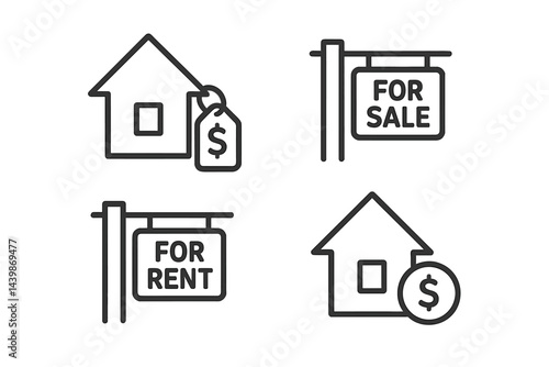 Web icons depicting real estate listings and property transactions in a simple line style design