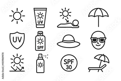 Web icons collection featuring sun protection and beach essentials in line style for summer activities