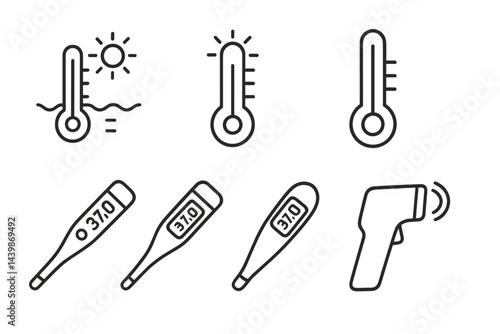 Collection of web icons featuring thermometers in line style for digital applications and user interfaces