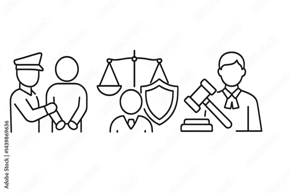 Set of web icons depicting law enforcement, justice, and the legal process in simple line style design Set of web icons depicting law enforcement, justice, and the legal process in simple line style design