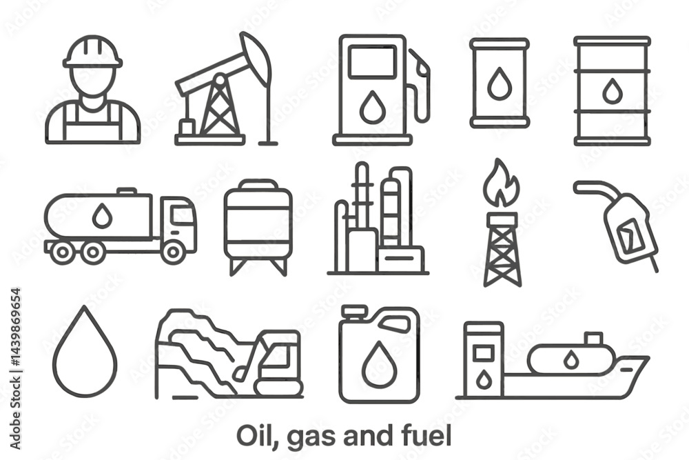 Line style web icons collection depicting oil, gas, and fuel related elements for versatile digital design use Line style web icons collection depicting oil, gas, and fuel related elements for versatile digital design use