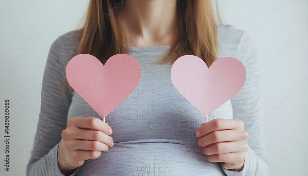 Expecting twins. Pregnant woman holding two paper cutouts of hearts on light grey background, closeup Expecting twins. Pregnant woman holding two paper cutouts of hearts on light grey background, closeup