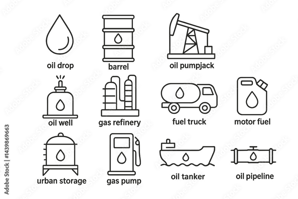 Set of web icons featuring oil industry elements including oil drop, pumpjack, barrels, and storage tanks designed in a simple line style Set of web icons featuring oil industry elements including oil drop, pumpjack, barrels, and storage tanks designed in a simple line style