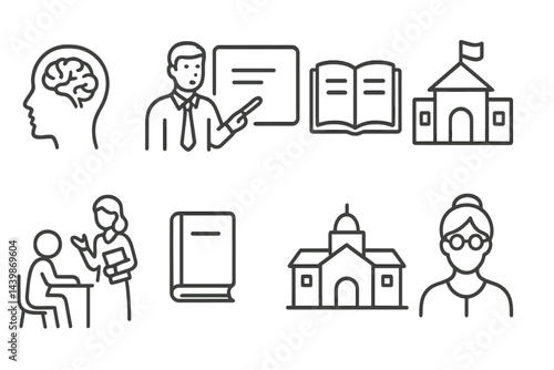 Set of web icons featuring line style educational and academic symbols related to learning and teaching activities
