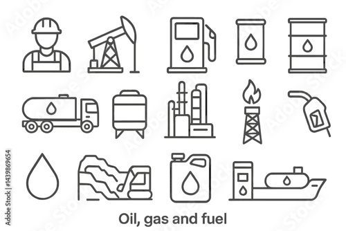 Line style web icons collection depicting oil, gas, and fuel related elements for versatile digital design use