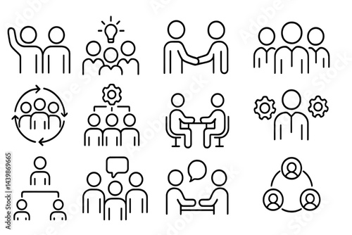 Set of web icons representing teamwork, collaboration, and communication in a clean line style suitable for digital interfaces