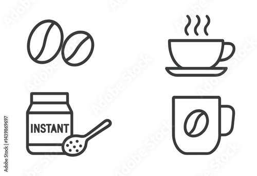 Collection of line style web icons depicting coffee-related items including beans, cup, and instant coffee