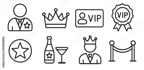Collection of web icons illustrating VIP and celebration concepts in a simple line style