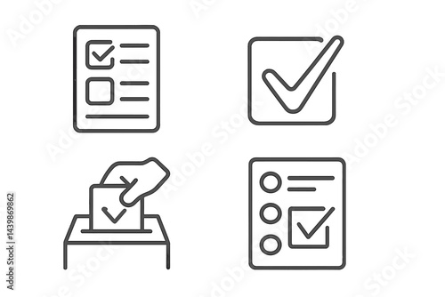 Collection of web icons representing various tasks such as checking off items and voting in simple line style